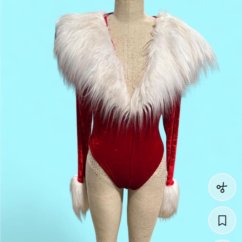Elvira Santa Red Velvet Bodysuit with White Fur Trim M/L
